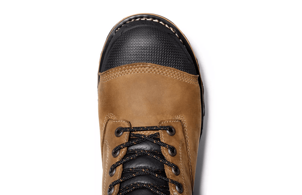 mens brown logger boot with orange line along tan soles. Black toe and tongue top toe view