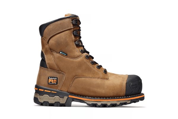 mens brown logger boot with orange line along tan soles. Black toe and tongue right view
