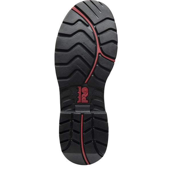 Mens Brown Work boot with black sole, toe and collar. with red accents bottom view