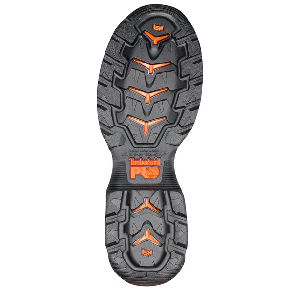 Mens brown workboot with tan sole and orange accents. Black heel with orange timberland logo bottom iew