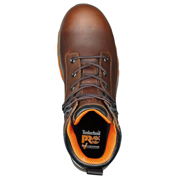 Mens brown workboot with tan sole and orange accents. Black heel with orange timberland logo top view