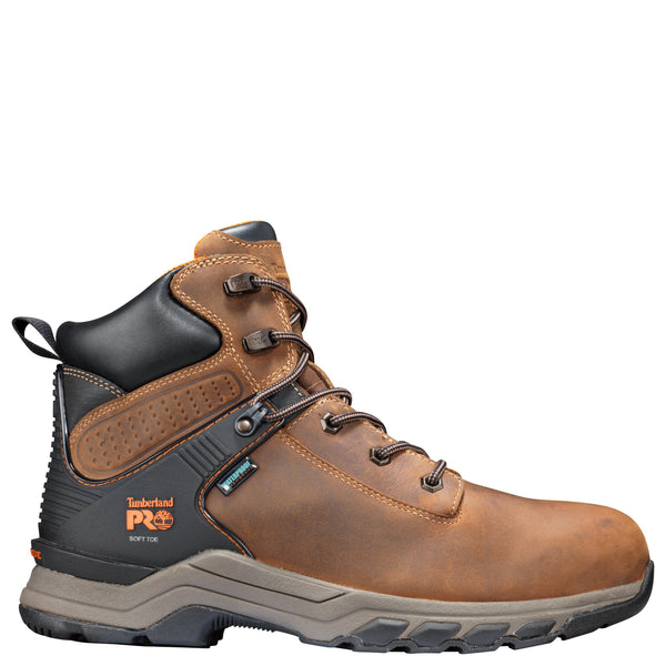Mens brown workboot with tan sole and black heel with timberland orange pro logo