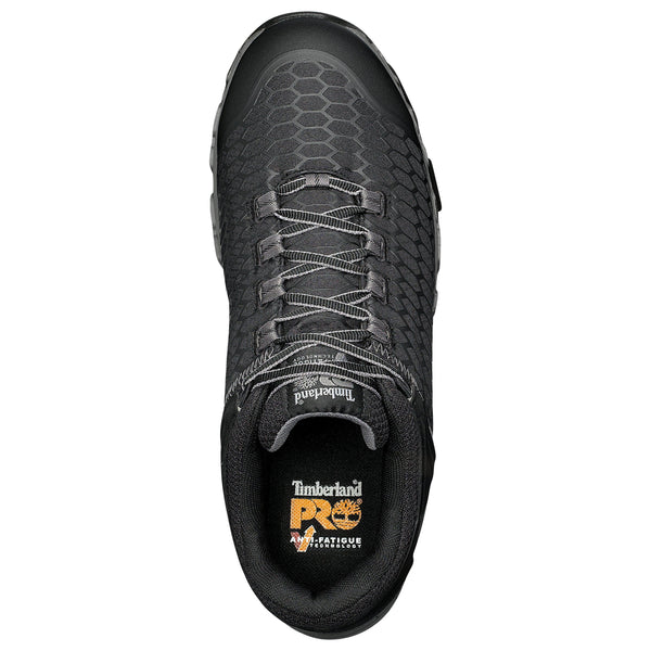 mens athletic shoe all black with hexagon pattern top view