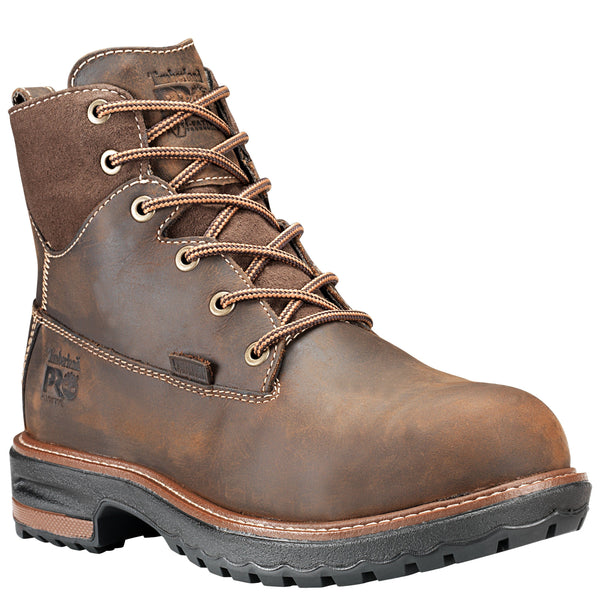 womens work boot with black sole and yellow stitching around segments. Black Timerland Pro logo