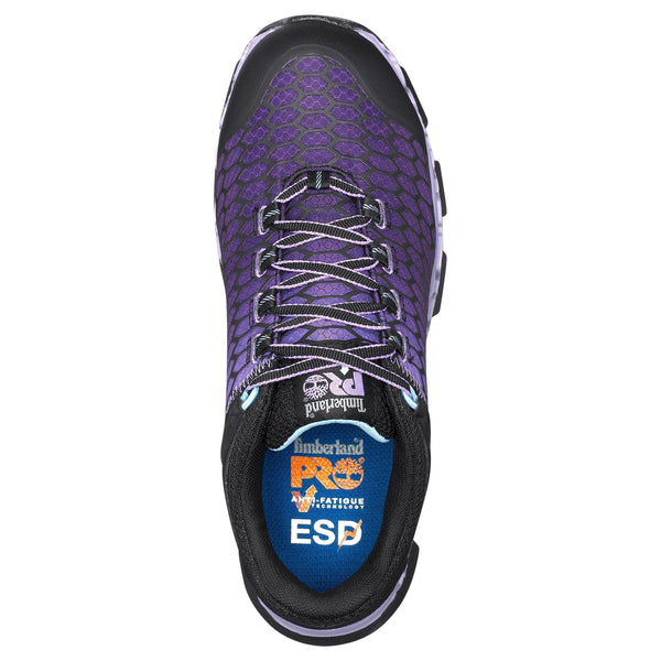 womens athletic purple shoe with hexagon pattern and black accents top view