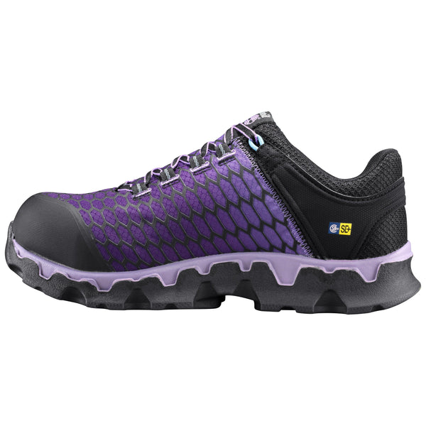 womens athletic purple shoe with hexagon pattern and black accents left view