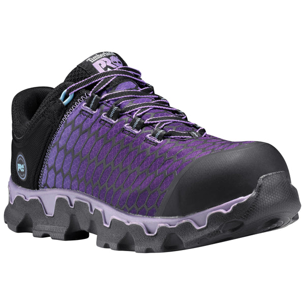 womens athletic purple shoe with hexagon pattern and black accents front corner view
