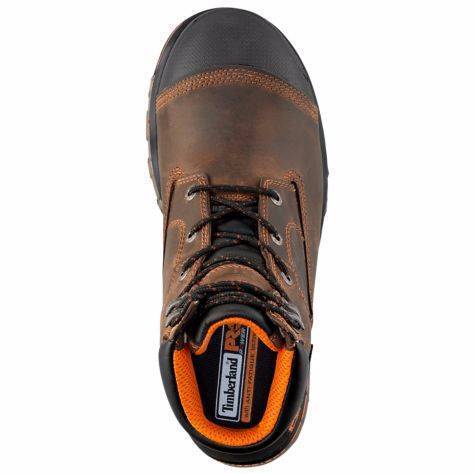 Men's brown workboot with black heel, sole, and toe etched with tire marks and pro logo top view