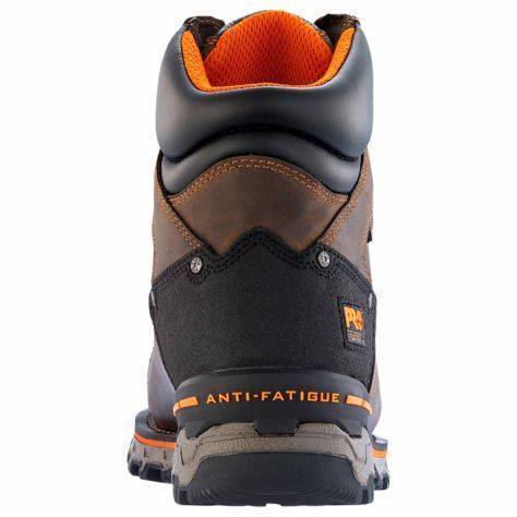 Men's brown workboot with black heel, sole, and toe etched with tire marks and pro logo back view