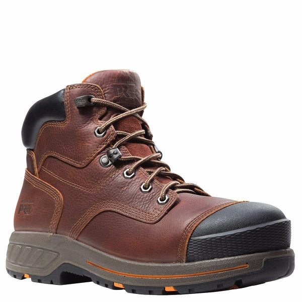 Men's slightly reddish brown workboot with tan sole, black toe and black collar
