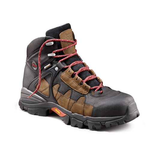 Men's Brown/Black Boot with Red Laces with white dots.