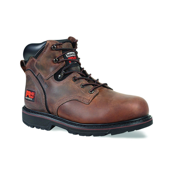 mens brown shoes with black collar/sole. Has Red Timberland Pro Logo