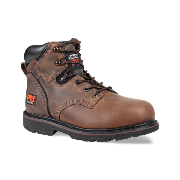 men's brown workboot with black sole with red stripe. Black heel and red timerbland pro logo