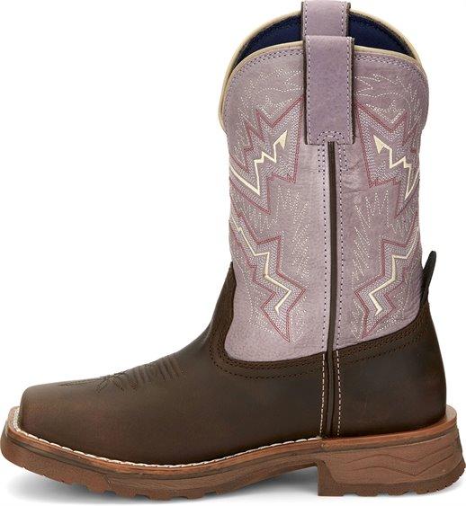 womens dark brown boots with pink shaft and white/red embroidery left view