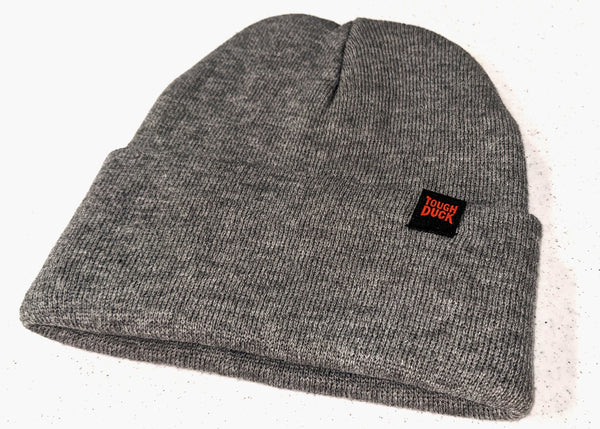 alternate view of heather grey cuffed beanie with tough duck tag sewn on hem