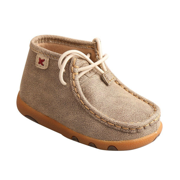 infants tan mocs with orange soles and white shoelaces