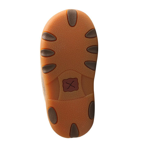 infants tan mocs with orange soles and white shoelaces bottom view