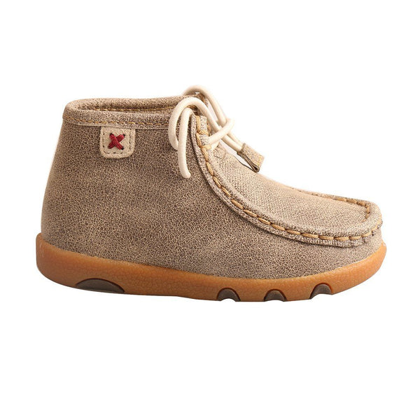 infants tan mocs with orange soles and white shoelaces right view