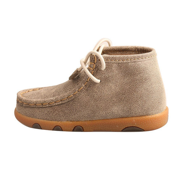 infants tan mocs with orange soles and white shoelaces left view