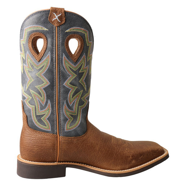 Men brown cowboy boot with blue embroidered shaft and tear drop holes right view