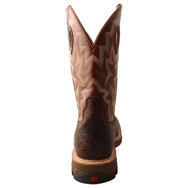 Boot with light brown embroidered shaft, red and dark brown soles rear view