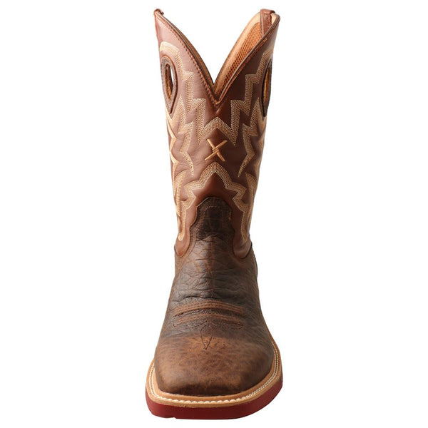 Boot with light brown embroidered shaft, red and dark brown soles front view