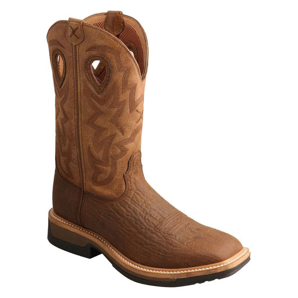 Mens brown cowboy boots with embroidered shaft with teardrop holes in them