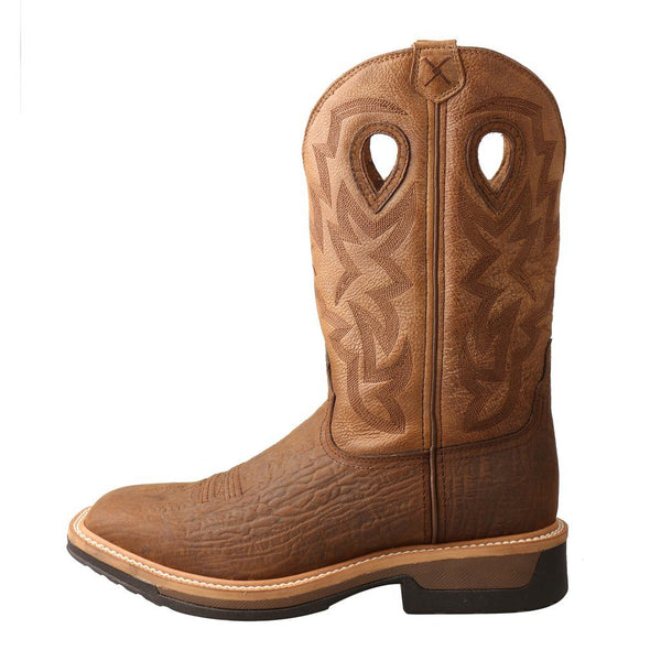 Mens brown cowboy boots with embroidered shaft with teardrop holes in them left view