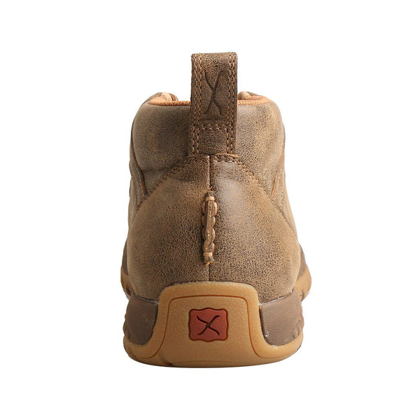 mens brown moc with orange interiors and bootstrap back view