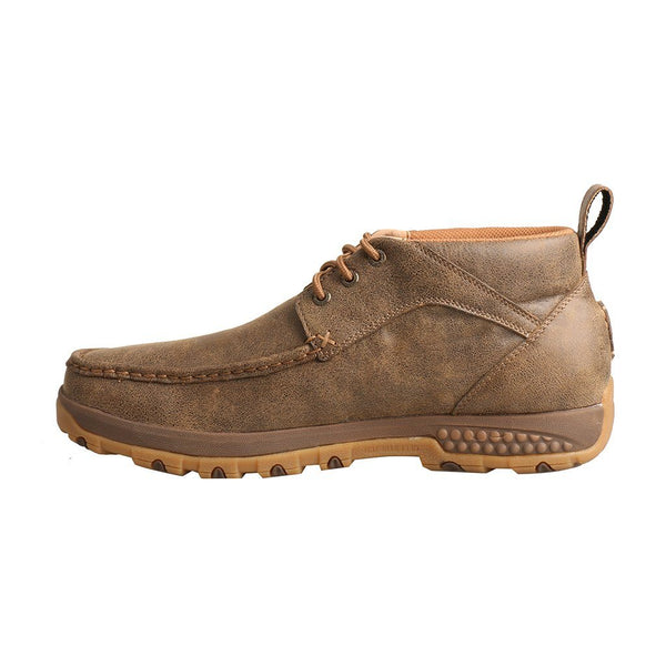mens brown moc with orange interiors and bootstrap left view