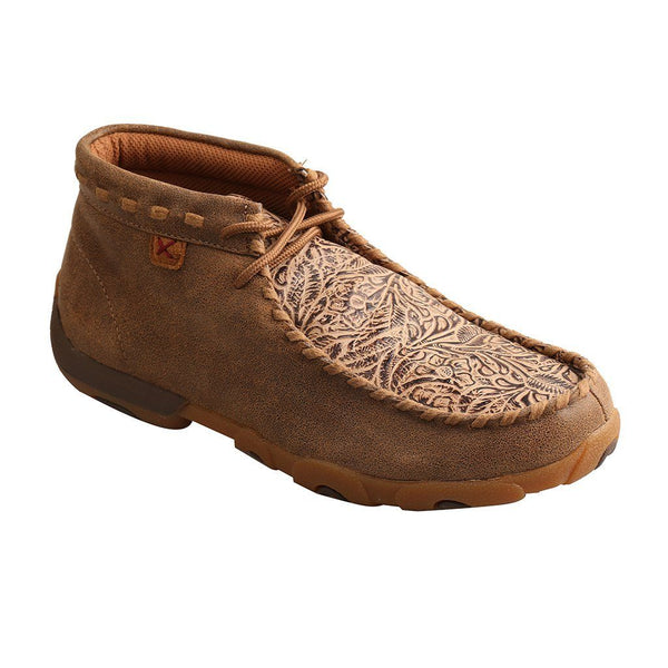 moccasin style brown shoe w/ floral pattern etched onto top portion