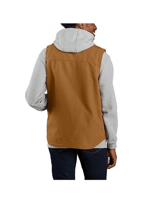 back view of man wearing tan Carhartt vest over grey hoodie