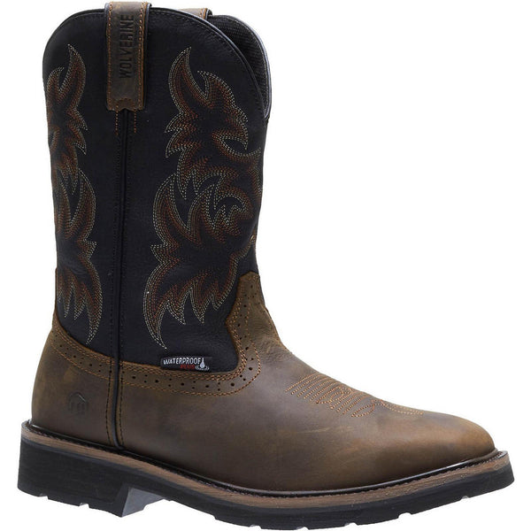 side view brown and black pull-on western boot with detail stitching on shaft
