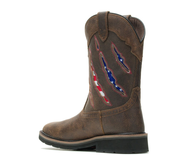 back view of mens distressed brown pull-on boot with american flag claw cut outs on shaft