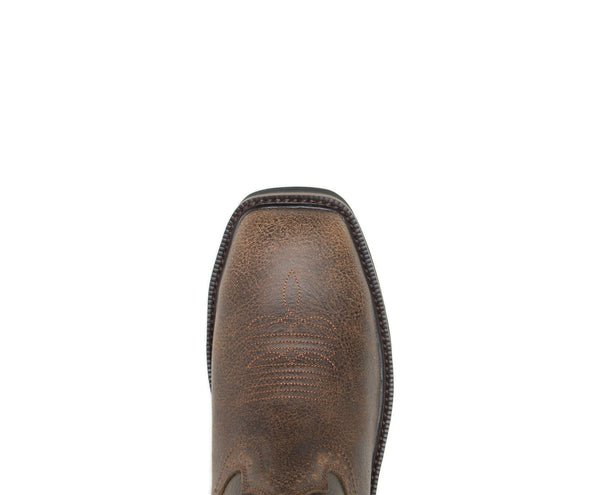 square toe mens distressed brown boot with brown stitching