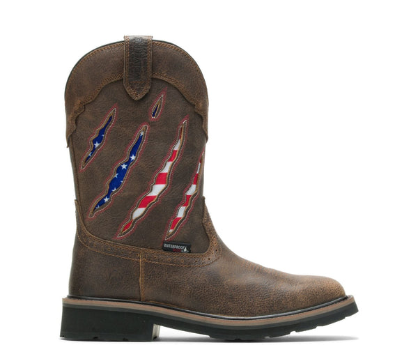 side view mens distressed brown pull-on boot with american flag claw cut outs on shaft