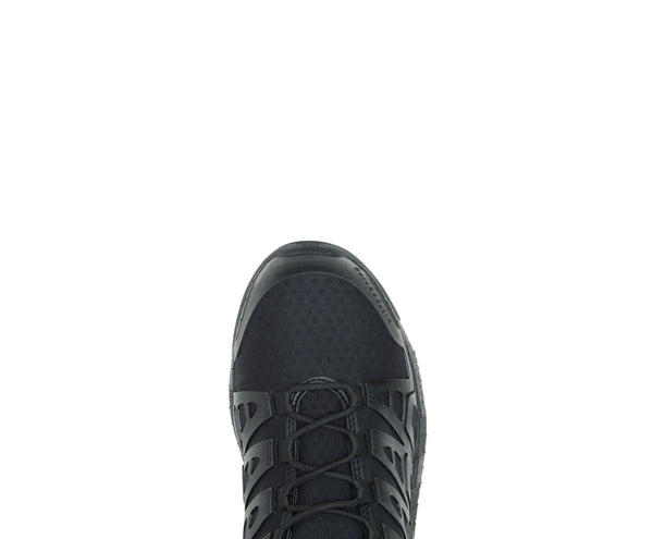 top round composite toe of black lace-up work shoe with mesh and zig-zag venting