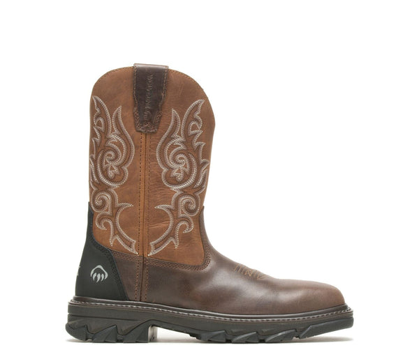 side view of mens brown boot with tan brown shaft and light embroidery