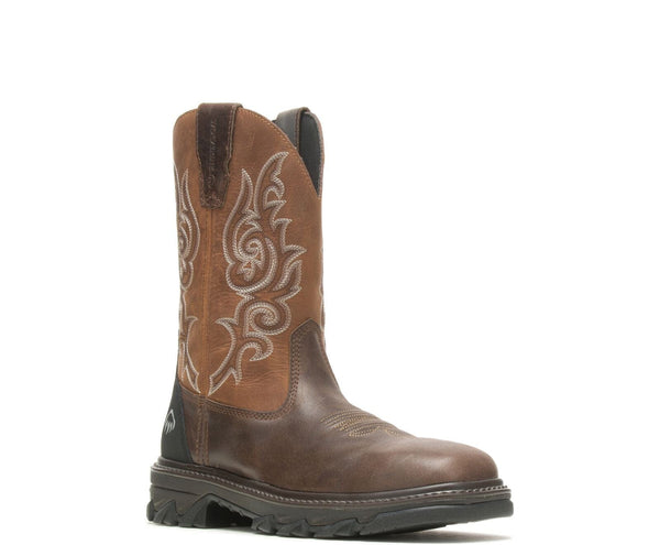 side angled view of mens brown boot with tan brown shaft and light embroidery