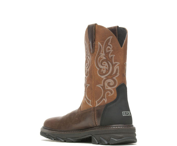 back angled view of mens brown boot with tan brown shaft and light embroidery. EPX label on back of heel.
