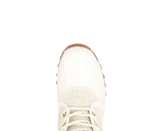 detailed view women's round toe ivory and tan rubber and wool duck boots with laces