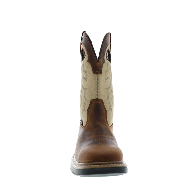 front view of mens square toe brown boot with ivory shaft and embroidery.