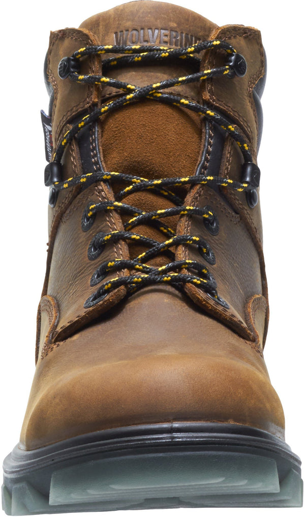Brown Boots with Black soles, eyelets and laces with gold front view
