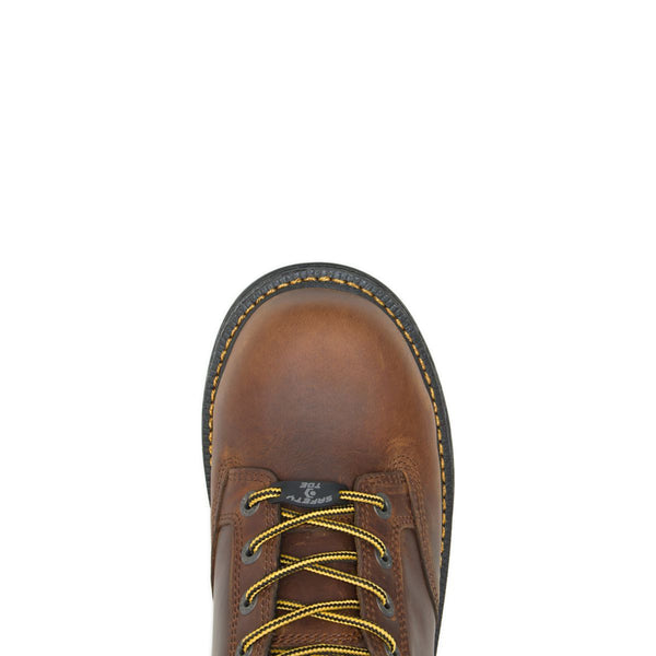 Men's Brown Boots with yellow laces/trim and black sole top view toe