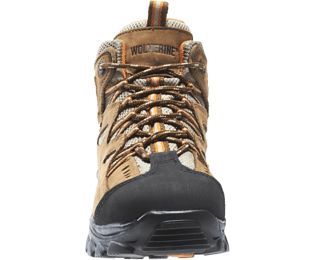 Steel Toe Brown Wolverine Boots with black sole and brown laces front view