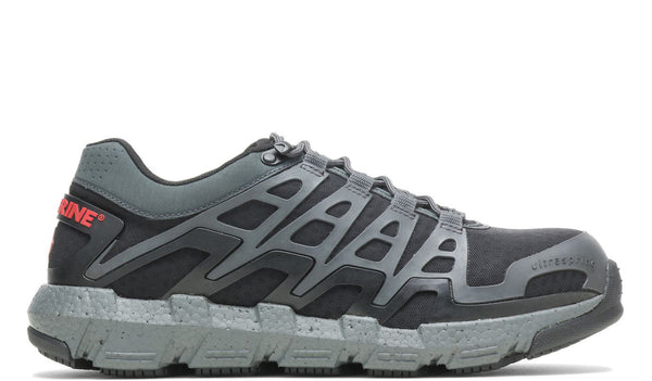 side view of three toned grey athletic mesh vented work shoe with grey laces