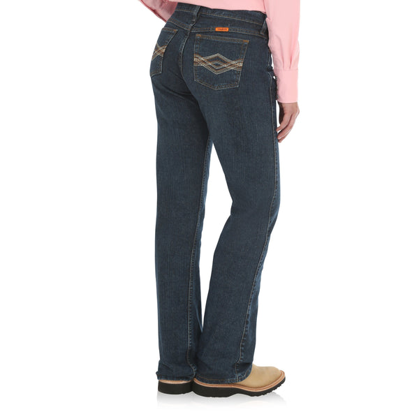 woman in pink button up wearing dark blue jeans back angle