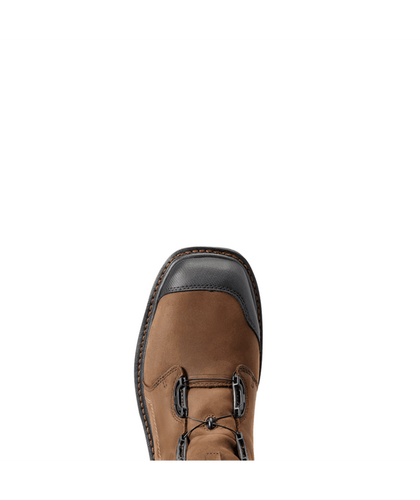 Brown boot with black top on a white background
