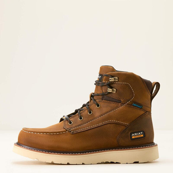 Left side view of a brown work boot with Ariat logo and black laces on a beige background