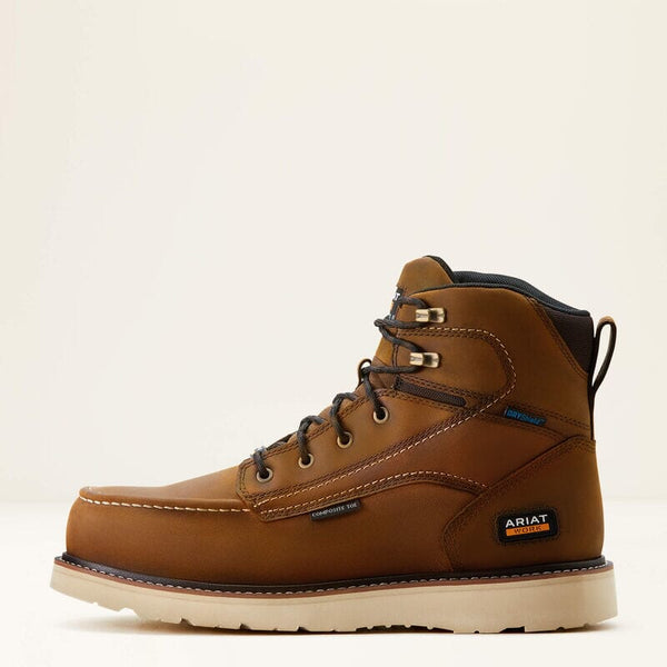 Brown leather boot with visible Ariat logo on a beige background